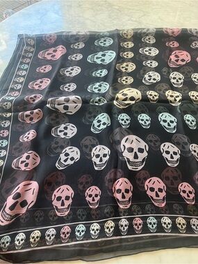 Alexander McQueen Black Silk Scarf with Pastel Skull Print
